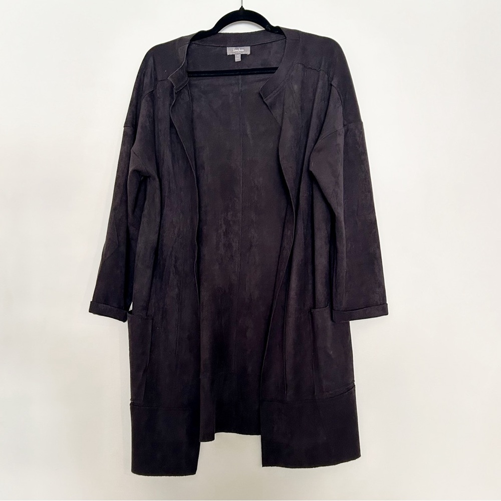 Neiman Marcus black jacket long sleeve microsuede pockets open front faux suede - Picture 2 of 6